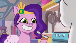 Size: 600x338 | Tagged: safe, imported from derpibooru, screencap, pipp petals, zipp storm, pegasus, pony, spoiler:g5, spoiler:my little pony: tell your tale, spoiler:tyts01e22, animated, duo, duo female, female, g5, gif, grin, headband, jewelry, mare, my little pony: tell your tale, open mouth, open smile, regalia, smiling, spoon, zipp's yes day