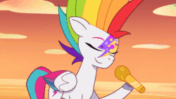 Size: 800x450 | Tagged: safe, imported from derpibooru, screencap, zipp storm, pegasus, pony, spoiler:g5, spoiler:my little pony: tell your tale, spoiler:tyts01e22, alternate hairstyle, animated, cloud, eyes closed, female, g5, gif, headbob, makeup, mare, microphone, multicolored hair, my little pony: tell your tale, ocean, rainbow hair, smiling, solo, sunset, water, youtube link, zipp's yes day