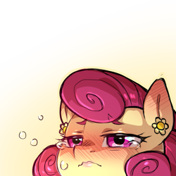 Size: 1159x1159 | Tagged: safe, artist:cold-blooded-twilight, imported from derpibooru, part of a set, posey shy, pegasus, pony, blushing, crying, ear piercing, earring, jewelry, lipstick, piercing, simple background, solo, transparent background