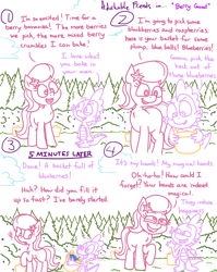 Size: 4779x6013 | Tagged: safe, artist:adorkabletwilightandfriends, imported from derpibooru, lily, lily valley, spike, dragon, earth pony, pony, comic:adorkable twilight and friends, adorkable, adorkable friends, basket, berry, blackberry, blueberry, blushing, bucket, bush, comic, cute, dork, flirting, food, forest, hand, humor, innuendo, nature, scenery, slice of life, tree