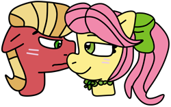 Size: 1300x810 | Tagged: safe, artist:jadeharmony, imported from derpibooru, sprout cloverleaf, earth pony, pony, blushing, boop, bow, bust, duo, female, g5, hair bow, jewelry, male, mare, necklace, noseboop, posey bloom, poseysprout, shipping, simple background, stallion, straight, transparent background