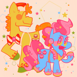 Size: 640x640 | Tagged: safe, artist:bloopiehp, imported from derpibooru, carrot cake, cup cake, earth pony, pony, apron, blushing, clothes, duo, ear piercing, earring, female, jewelry, looking at each other, looking at someone, male, mare, married couple, piercing, simple background, stallion, stars, unshorn fetlocks