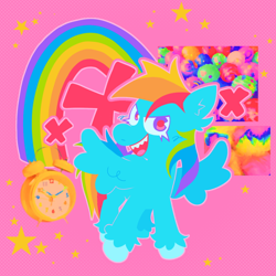 Size: 640x640 | Tagged: safe, artist:bloopiehp, imported from derpibooru, rainbow dash, pegasus, pony, >:), clock, colorful, eyelashes, female, open mouth, rainbow, sharp teeth, solo, spread wings, stars, teeth, unshorn fetlocks, wings