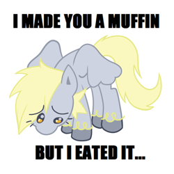 Size: 640x640 | Tagged: safe, artist:bloopiehp, imported from derpibooru, derpy hooves, pegasus, pony, but i eated it, eyelashes, female, impact font, redraw, sad, simple background, solo, spread wings, unshorn fetlocks, white background, wings