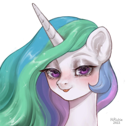 Size: 1668x1668 | Tagged: safe, artist:hirichie, imported from derpibooru, princess celestia, alicorn, pony, blushing, bust, cute, female, mare, paintbrush, portrait, purple eyes, simple background, smiling, solo, tongue out, white background