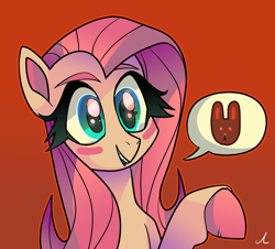 Size: 5100x4614 | Tagged: safe, artist:docwario, imported from derpibooru, fluttershy, pegasus, pony, rabbit, absurd resolution, animal, blush sticker, blushing, bust, colored hooves, emoji, eyelashes, female, mare, open mouth, outline, pictogram, raised hoof, red background, red outline, simple background, solo, speech bubble, three quarter view