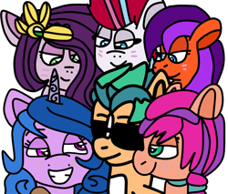 Size: 1170x998 | Tagged: safe, artist:jadeharmony, imported from derpibooru, hitch trailblazer, izzy moonbow, pipp petals, sunny starscout, zipp storm, oc, oc:jade harmony, earth pony, pegasus, pony, unicorn, blushing, canon x oc, female, g5, grin, hitch trailblazer gets all the mares, hitchpipp, hitchzipp, izzyhitch, male, mare, markings, shipping, simple background, smiling, stallion, straight, sunnyhitch, transparent background