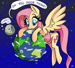 Size: 5100x4614 | Tagged: safe, artist:docwario, imported from derpibooru, fluttershy, pegasus, pony, earth, female, jealous, macro, mare, moon, pony bigger than a planet, solo, space, tangible heavenly object