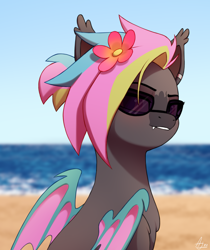 Size: 1676x2000 | Tagged: safe, artist:luminousdazzle, imported from derpibooru, oc, oc only, oc:black opal, bat pony, pony, beach, ear fluff, ear piercing, fangs, female, flower, flower in hair, looking at you, ocean, piercing, ponytail, sitting, smiling, smiling at you, solo, sunglasses, water