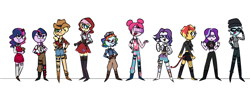 Size: 2500x900 | Tagged: safe, artist:fuckomcfuck, imported from derpibooru, airheart, applejack, fluttershy, pinkie pie, rainbow dash, rarity, sci-twi, starlight glimmer, sunset shimmer, trixie, twilight sparkle, alicorn, human, equestria girls, alternate hairstyle, alternate universe, beanie, boots, bubble bomber, clothes, cosplay, costume, cowboy boots, cowboy hat, crossover, devil tail, dressup, fable, fortnite, goggles, hat, haze, humane five, humane seven, humane six, isabelle, malice, maven, pants, rapscallion, rustler, shirt, shoes, shorts, simple background, size difference, t-shirt, tail, twilight sparkle (alicorn), twolight, visor, white background, wilde