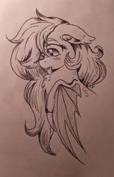 Size: 2205x3425 | Tagged: safe, artist:dreamy990, imported from derpibooru, oc, oc:moonbite, bat pony, pony, chest fluff, female, floppy ears, looking down, mare, monochrome, simple background, solo, spread wings, tongue out, traditional art, wings