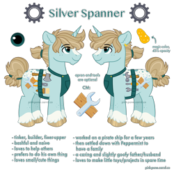 Size: 4000x4000 | Tagged: safe, artist:pink-pone, imported from derpibooru, oc, oc only, oc:silver spanner, pony, unicorn, absurd resolution, apron, axe, blaze (coat marking), body freckles, chin fluff, clothes, coat markings, colored hooves, ear fluff, ear piercing, earring, facial markings, freckles, hammer, hoof polish, jewelry, male, paintbrush, piercing, pliers, ponytail, reference sheet, screwdriver, simple background, socks (coat markings), solo, stallion, standing, transparent background, weapon, wrench