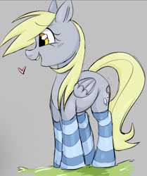 Size: 1061x1271 | Tagged: safe, artist:mushy, imported from derpibooru, derpy hooves, pegasus, pony, aggie.io, clothes, gray background, heart, simple background, smiling, socks, solo, striped socks, thigh highs