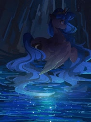 Size: 1620x2160 | Tagged: safe, artist:left_pigeon, imported from derpibooru, princess luna, alicorn, pony, crown, female, film grain, jewelry, mare, raised hoof, regalia, solo, spread wings, water, wings