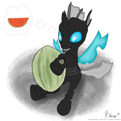 Size: 1920x1920 | Tagged: safe, artist:krivvy, imported from derpibooru, changeling, series:learning to draw with /bug/, changeling loves watermelon, fangs, food, fruit, grin, happy, heart, heart eyes, holding, male, melon, signature, simple background, sitting, smiling, solo, spread wings, thought bubble, watermelon, white background, wingding eyes, wings
