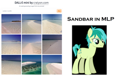 Size: 1492x924 | Tagged: safe, artist:dall·e mini, artist:thegamerpainter, imported from derpibooru, sandbar, earth pony, pony, beach, caption, comparison, craiyon, dall·e mini, irl, machine learning abomination, machine learning generated, meme, ocean, photo, sand, solo, text, water, what has science done, wtf