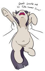 Size: 532x830 | Tagged: safe, artist:jargon scott, imported from derpibooru, oc, oc only, oc:dot matrix, earth pony, human, pony, belly button, chubby, female, holding a pony, mare, nose in the air, offscreen character, open mouth, pov, simple background, solo focus, underhoof, white background