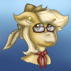 Size: 767x767 | Tagged: safe, artist:lil_vampirecj, imported from derpibooru, oc, oc only, oc:cider foam, earth pony, pony, bust, ear piercing, earring, feather, glasses, hat, jewelry, looking at you, necktie, piercing, portrait, smiling, smiling at you, solo