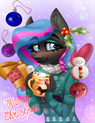 Size: 3100x4000 | Tagged: safe, artist:irinamar, imported from derpibooru, oc, oc only, oc:obabscribbler, anthro, chocolate, christmas, christmas ornament, christmas sweater, clothes, decoration, eyebrows, eyebrows visible through hair, female, food, holiday, holly, hot chocolate, mare, marshmallow, merry christmas, mug, solo, sweater