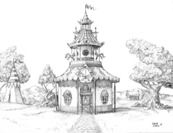 Size: 1100x843 | Tagged: safe, artist:baron engel, imported from derpibooru, carousel boutique, grass, house, monochrome, no pony, pencil drawing, scenery, signed, tent, traditional art, tree
