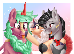 Size: 2700x1980 | Tagged: safe, artist:maeveadair, imported from derpibooru, oc, oc only, oc:sahara (kirin), oc:selketo, oc:valentora, bat pony, hybrid, kirin, pony, wingless bat pony, boop, bowtie, clothes, dress, ear piercing, earring, family, female, hug, interspecies offspring, jewelry, male, noseboop, offspring, parent:oc:selketo, parent:oc:valentora, piercing, scar, smiling, unshorn fetlocks, wingless