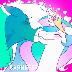 Size: 2160x2160 | Tagged: safe, imported from ponybooru, princess celestia, oc, oc:vitæ, alicorn, pony, unicorn, blushing, eyes closed, female, heart, male, mare, nuzzling, stallion, watermark, white outline