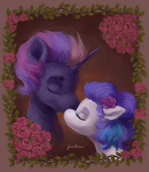 Size: 984x1132 | Tagged: safe, artist:fantein, imported from derpibooru, oc, oc:fantein, oc:vailre février de vilore, pegasus, unicorn, female, flower, kissing, leaves, male, mare, rose, stallion