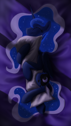 Size: 1080x1920 | Tagged: safe, artist:brisineo, imported from derpibooru, princess luna, alicorn, pony, bed, glowing mane, hug, night, pillow, pillow hug, sleeping, smiling, solo