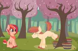Size: 1975x1298 | Tagged: safe, artist:dyonys, imported from derpibooru, oc, oc only, oc:cherribella, oc:rowdy bell, earth pony, pony, bandaid, bandana, bucket, bucking, cherry, cherry blossoms, cherry tree, female, food, male, mare, mother and child, mother and son, neckerchief, one eye closed, orchard, sitting, stallion, tree, unshorn fetlocks