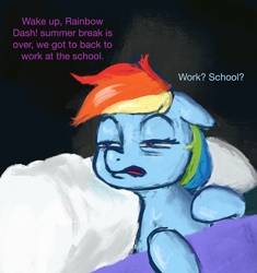 Size: 1905x2024 | Tagged: safe, artist:phutashi, imported from derpibooru, rainbow dash, pegasus, pony, bed, dialogue, female, implied twilight sparkle, limmy's show, mare, offscreen character, pillow, sleepy, solo, squint