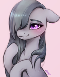 Size: 1214x1540 | Tagged: safe, artist:buttersprinkle, imported from derpibooru, marble pie, earth pony, pony, blushing, cute, female, floppy ears, hair over one eye, marblebetes, mare, pink background, raised hoof, simple background, solo, weapons-grade cute