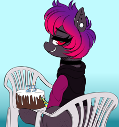 Size: 2336x2477 | Tagged: safe, artist:dibujito, imported from derpibooru, oc, oc only, oc:dib, earth pony, pony, birthday, birthday cake, cake, chair, food, hat, party hat, sitting, solo