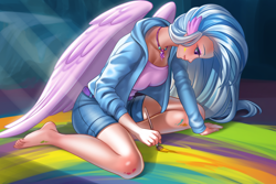 Size: 4700x3133 | Tagged: safe, alternate version, artist:racoonsan, imported from derpibooru, silverstream, human, uprooted, barefoot, belt, breasts, busty silverstream, clothes, cute, diastreamies, feet, female, humanized, jacket, jewelry, necklace, paint, paintbrush, painting, profile, shorts, solo, wing ears, winged humanization, wings