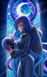 Size: 2866x4671 | Tagged: safe, artist:racoonsan, imported from derpibooru, princess luna, human, alicorn humanization, clothes, cute, dress, female, helmet, horn, horned humanization, humanized, sad, solo, winged humanization, wings