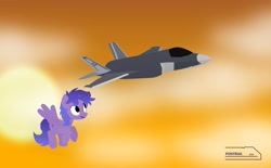 Size: 4096x2533 | Tagged: safe, artist:ponyrailartist, imported from derpibooru, oc, oc only, oc:stargazermap, pegasus, pony, f-35 lightning ii, flying, jet, jet fighter, jet plane, plane, solo, wings