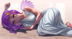 Size: 4500x2455 | Tagged: safe, artist:racoonsan, imported from derpibooru, pipp petals, human, adorapipp, adorasexy, barefoot, beautiful, beautisexy, bedroom eyes, blushing, clothes, cute, dress, feet, female, g5, grin, humanized, lidded eyes, looking at you, lying down, on side, sexy, smiling, solo, toga, winged humanization, wings