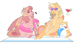 Size: 2700x1600 | Tagged: safe, artist:uunicornicc, imported from derpibooru, oc, oc only, alicorn, pegasus, pony, alicorn oc, beach ball, drink, horn, pegasus oc, simple background, sunglasses, transparent background, wings