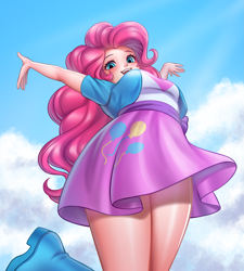 Size: 3593x4000 | Tagged: safe, artist:racoonsan, imported from derpibooru, pinkie pie, human, equestria girls, boots, breasts, busty pinkie pie, clothes, cloud, cute, diapinkes, female, humanized, looking down, low angle, open mouth, shirt, shoes, skirt, sky, solo, upskirt