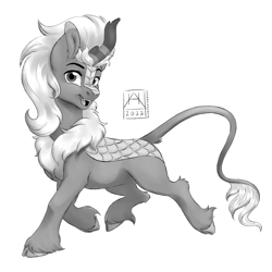 Size: 2160x2160 | Tagged: safe, artist:bluefeathercat, imported from derpibooru, oc, oc only, kirin, cloven hooves, kirin oc, looking at you, male, open mouth, simple background, solo, unshorn fetlocks, walking, white background