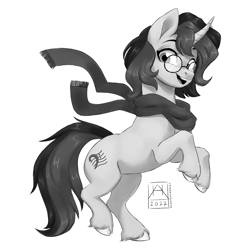 Size: 2160x2160 | Tagged: safe, artist:bluefeathercat, imported from derpibooru, oc, oc only, pony, unicorn, clothes, glasses, scarf, simple background, solo, unshorn fetlocks, white background