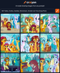 Size: 760x926 | Tagged: safe, imported from derpibooru, gallus, ocellus, sandbar, silverstream, smolder, yona, changedling, changeling, classical hippogriff, dragon, earth pony, griffon, hippogriff, pony, yak, ai content, ai generated, generator:craiyon, student six