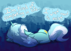 Size: 3744x2672 | Tagged: safe, artist:witchtaunter, imported from derpibooru, lyra heartstrings, pony, unicorn, floppy ears, gradient background, lying down, on side, sad, solo, text, vent art