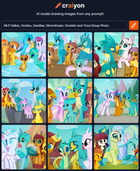 Size: 760x926 | Tagged: safe, imported from derpibooru, gallus, ocellus, sandbar, silverstream, smolder, yona, changedling, changeling, classical hippogriff, dragon, earth pony, griffon, hippogriff, pony, yak, ai content, ai generated, generator:craiyon, student six