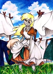 Size: 2296x3199 | Tagged: safe, alternate version, artist:liaaqila, imported from derpibooru, derpy hooves, human, equestria girls, alternate character, basket, clothes, clothes line, grass, laundry, solo, traditional art, wind, windswept hair