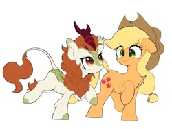 Size: 1144x858 | Tagged: safe, artist:sione29031414, imported from derpibooru, applejack, autumn blaze, kirin, pony, awwtumn blaze, chest fluff, cute, duo, female, jackabetes, mare, simple background, white background