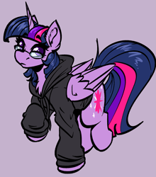 Size: 1435x1632 | Tagged: safe, artist:witchtaunter, imported from derpibooru, twilight sparkle, alicorn, pony, chest fluff, clothes, commission, cute, ear fluff, female, folded wings, glasses, hoodie, mare, raised hoof, simple background, solo, twiabetes, twilight sparkle (alicorn), wings