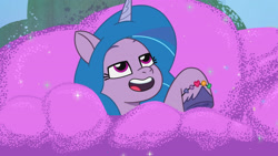 Size: 3410x1920 | Tagged: safe, imported from derpibooru, screencap, izzy moonbow, pony, unicorn, spoiler:g5, spoiler:my little pony: tell your tale, spoiler:tyts01e22, bedroom eyes, bracelet, female, friendship bracelet, g5, glitter, high res, jewelry, mare, my little pony: tell your tale, open mouth, open smile, smiling, solo, youtube link, zipp's yes day
