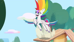 Size: 3410x1920 | Tagged: safe, imported from derpibooru, screencap, zipp storm, pegasus, pony, spoiler:g5, spoiler:my little pony: tell your tale, spoiler:tyts01e22, alternate hairstyle, female, g5, high res, leaping, mare, multicolored hair, my little pony: tell your tale, open mouth, open smile, rainbow hair, smiling, solo, spread wings, wings, youtube link, zipp's yes day