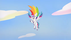 Size: 3410x1920 | Tagged: safe, imported from derpibooru, screencap, zipp storm, pegasus, pony, spoiler:g5, spoiler:my little pony: tell your tale, spoiler:tyts01e22, alternate hairstyle, female, flying, g5, high res, mare, multicolored hair, my little pony: tell your tale, open mouth, open smile, rainbow hair, smiling, solo, spread wings, wings, youtube link, zipp's yes day