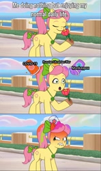Size: 1500x2537 | Tagged: safe, edit, edited screencap, imported from derpibooru, screencap, earth pony, pony, spoiler:g5, spoiler:my little pony: tell your tale, spoiler:tyts01e22, 2022, bow, comic, coronavirus, covid-19, cup, current events, female, flower, frustration, g5, hair bow, implied russia, implied ukraine, jewelry, mare, metaphor, monkeypox, my little pony: tell your tale, necklace, posey bloom, red face, screencap comic, smoothie, solo, spilled drink, tail, tail bow, zipp's yes day